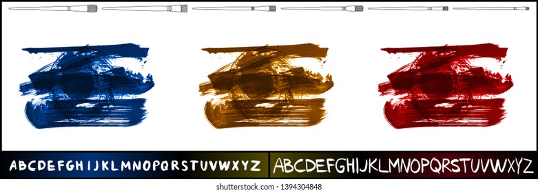 Brush stroke set and handwritten alphabet. Grunge vector abstract hand - painted element. Underline and border design.