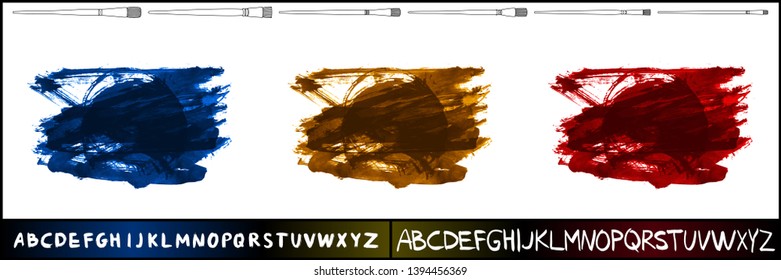 Brush stroke set and handwritten alphabet. Grunge vector abstract hand - painted element. Underline and border design.