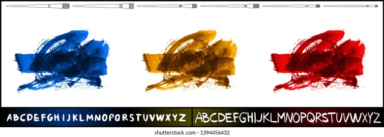 Brush stroke set and handwritten alphabet. Grunge vector abstract hand - painted element. Underline and border design.