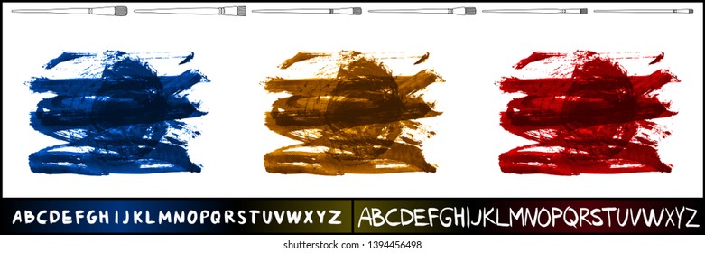 Brush stroke set and handwritten alphabet. Grunge vector abstract hand - painted element. Underline and border design.