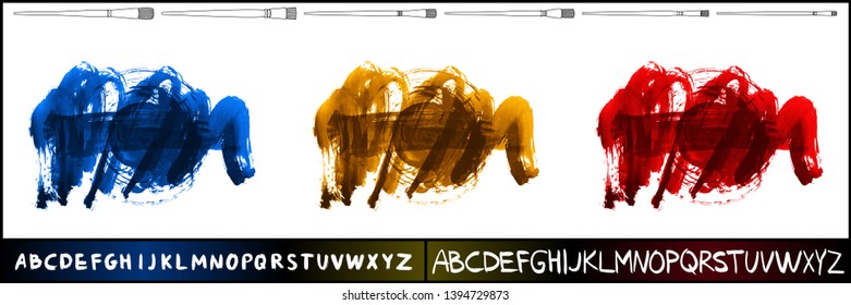 Brush stroke set and handwritten alphabet. Grunge vector abstract hand - painted element. Underline and border design.