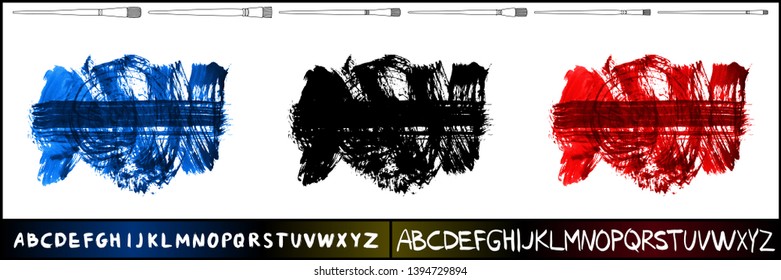 Brush stroke set and handwritten alphabet. Grunge vector abstract hand - painted element. Underline and border design.