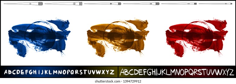 Brush stroke set and handwritten alphabet. Grunge vector abstract hand - painted element. Underline and border design.