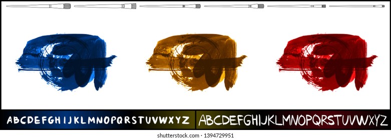 Brush stroke set and handwritten alphabet. Grunge vector abstract hand - painted element. Underline and border design.