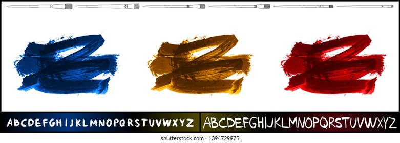 Brush stroke set and handwritten alphabet. Grunge vector abstract hand - painted element. Underline and border design.