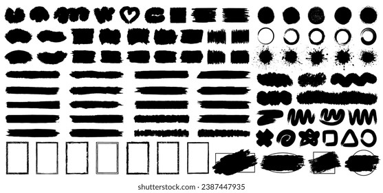 Brush stroke set isolated, grunge frame border rectangle, wavy and swirled brush strokes pattern, bold curved lines and squiggles marker stripe, lines and squiggles, scratchy strokes with rough edges