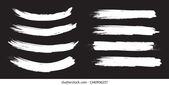 Brush stroke set isolated on black background.Collection of brush stroke for white ink paint, grunge backdrop, dirt banner,watercolor design and dirty texture.Creative art concept, vector illustration