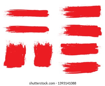 Brush stroke set isolated on white background. Collection of brush stroke for red ink paint, grunge backdrop, dirt banner,watercolor design and dirty texture.Creative art concept, vector illustration