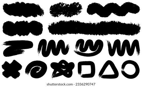 Brush stroke set isolated, wavy and swirled brush strokes pattern, bold curved lines and squiggles marker stripe, hand drawn pencil lines and squiggles, scratchy strokes and swirls with rough edges