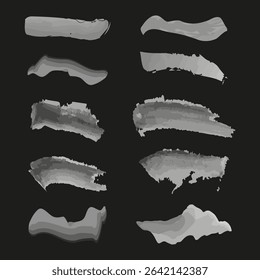 Brush stroke shape. Gray paint texture. Abstract vector element. Dark black background.