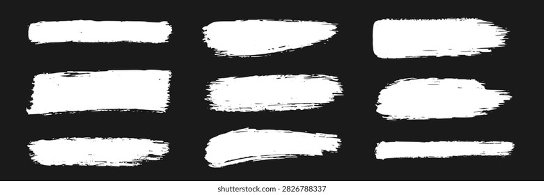 Brush stroke shape paint set. Hand drawn brush stroke shape paint with frame badge banner chalk texture. Chalkboard crayon watercolor graffiti charcoal rough background. Vector