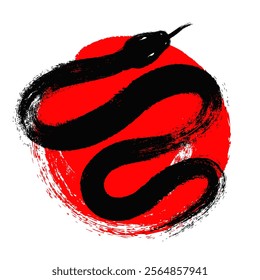 Brush stroke snake on red circle, vector illustration