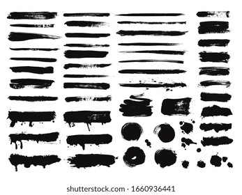 Pinselstrich. Spray-Lacklinie, schmutzige Farbspritzer. Aquarellfärbung oder kunstvolle Acrylgrunge-Kratzer. Vektorillustration-Set für einzelne Kunstformen
