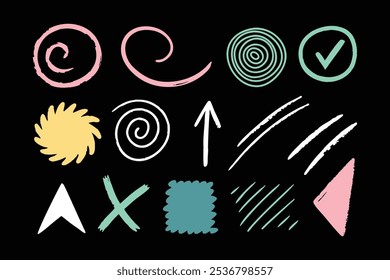 Brush stroke square, spiral, arrow element scribble line hand drawn sketch design flat vector illustration on Black background