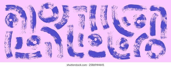 Brush stroke squiggle and circles ink lines. Vector hand drawn wave round paint shapes composition. Abstract curve arch and spirals graphic. Folk scribble dry paintbrush wobble wavy grunge.