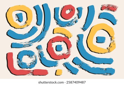 Brush stroke squiggle and circles ink lines. Vector hand drawn funky wave round paint shapes composition. Curve arch streak graphic. Folk scribble paintbrush wobble wavy grunge illustration.