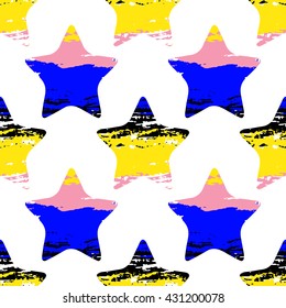 Brush stroke stars  seamless pattern. Hand drawn texture in 80s - 90s style.  