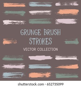 Brush stroke stripes vector collection, green and brown paint dabs set on dark background. Hand drawn design elements, paintbrushes, vintage smudges or hipster graffiti dye stains.  Color combinations