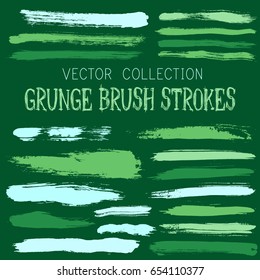 Brush stroke stripes vector collection, paint dabs set on green background. Colorful hand drawn sage color design elements, paintbrushes, vintage smudges or hipster graffiti dye stains.