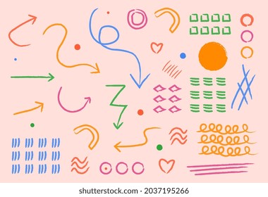 Brush stroke style. Many unusual elements, branding. Graphic elements for website, buttons for transition. Vivid and colorful pictures. Cartoon flat vector illustrations isolated on pink background