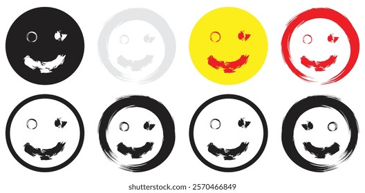 Brush Stroke Style Smiley Faces in Multiple Colors. Isolated On Transparent Background.