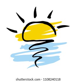 Brush Stroke Sun Vector Symbol. Black Sun Sketch. Yellow and Blue Colors Beneath. White Background. Sunrise Hand Drawn Illustration.