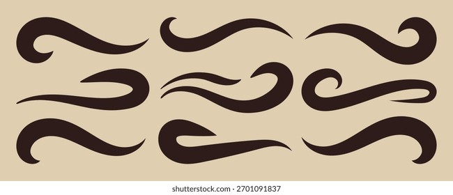 Brush Stroke Swoosh Elements. Swoosh, Swash, Swish, Swirl vector element. Curly strokes with squiggle tails. Hand drown swirl swashes.