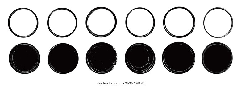 Brush stroke texture circle hand drawn element set. Hand drawn brush stroke calligraphy rough line frame. Texture stroke circle background. Abstract stain grunge style. Vector illustration