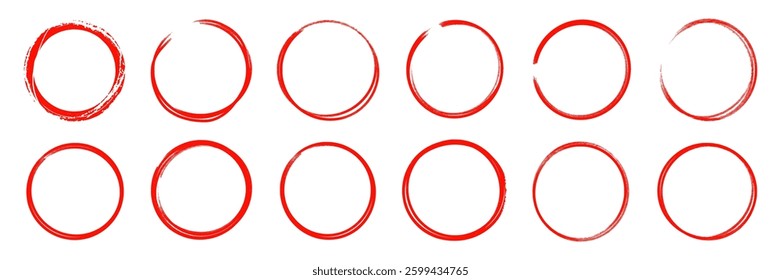 Brush stroke texture circle red hand drawn element set. Hand drawn brush stroke calligraphy rough line frame. Texture stroke red circle background. Abstract stain grunge style. Vector illustration
