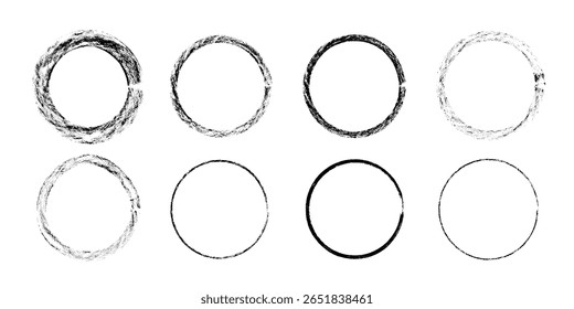 Brush stroke texture circle. Rough chalk, crayon, charcoal edges. Ink circle. Dirty round design elements for logo, frame, branding, stamp. Hand drawn, hand painted round. 