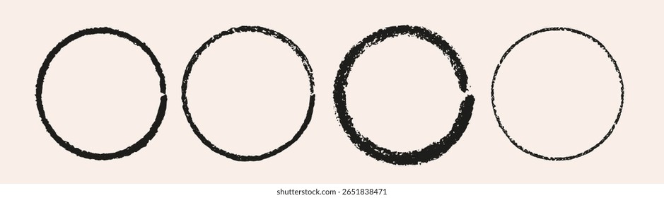 Brush stroke texture circle. Rough chalk, crayon, charcoal edges. Ink circle. Dirty round design elements for logo, frame, branding, stamp. Hand drawn, hand painted round. 