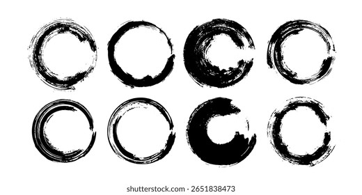 Brush stroke texture circle. Rough chalk, crayon, charcoal edges. Ink circle. Dirty round design elements for logo, frame, branding, stamp. Hand drawn, hand painted round. 