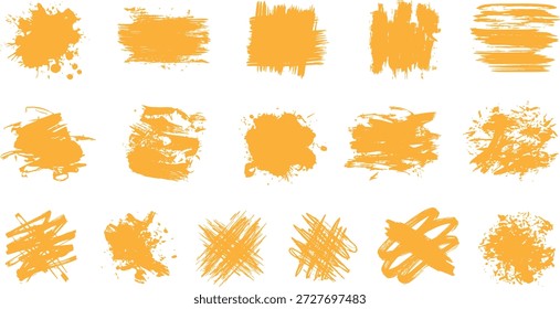 Conjunto de iconos de textura de trazo de pincel con 15 manchas de tinta negra para contenido artístico, gráfico y de diseño.