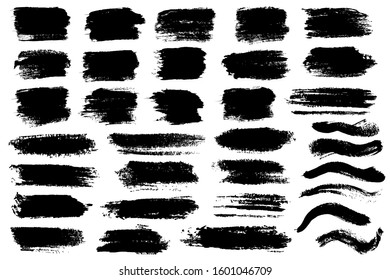 Brush stroke texture set. Handdrawn black ink, paint swears group isolated on white background. Various freehand shapes grunge concept design element collection. Vector abstract graphic art decoration