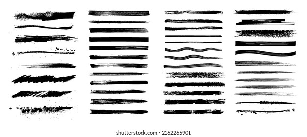 Brush Stroke Texture Set, Lines, Splashes Drawn With Charcoal Or Brush. Brush Stroke Stencil Template. Artistic Graphic Elements Box. Vector Texture With Splash And Drops Blots. Grunge Vector Set