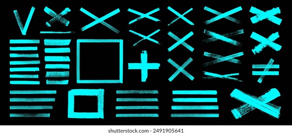 Brush stroke V and X signs. Hand painted light blue brushstroke right wrong icons on black. Grungy vector straight lines, tick boxes, smears, highlights. Hand-drawn rough ink infographic element set