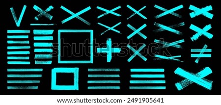 Brush stroke V and X signs. Hand painted light blue brushstroke right wrong icons on black. Grungy vector straight lines, tick boxes, smears, highlights. Hand-drawn rough ink infographic element set