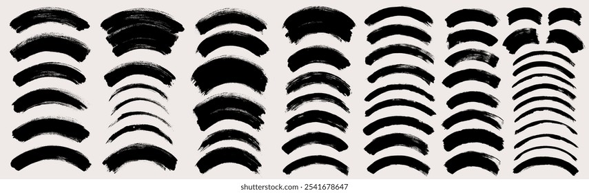 Brush stroke vector. Bundle of painted curves, isolated on white background. Grunge textured design elements. Brush arc borders