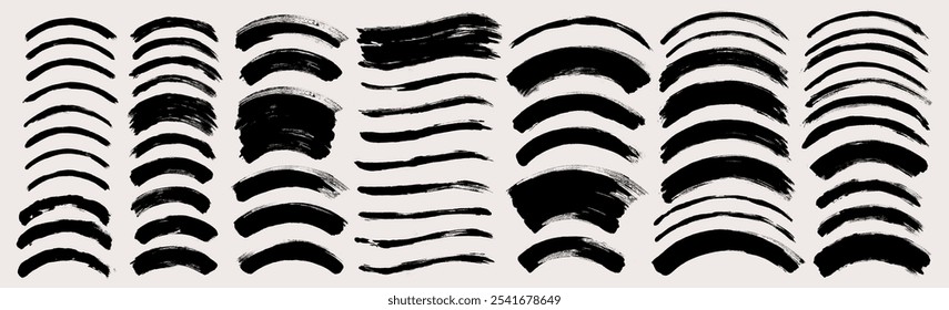 Brush stroke vector. Bundle of painted curves, isolated on white background. Grunge textured design elements. Brush arc borders