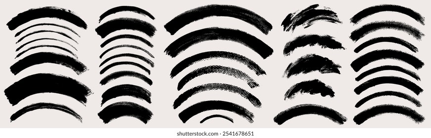 Brush stroke vector. Bundle of painted curves, isolated on white background. Grunge textured design elements. Brush arc borders