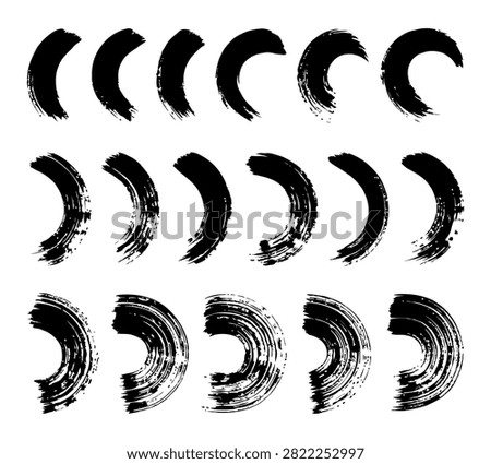 Brush stroke vector. Bundle of painted curves, isolated on white background. Grunge textured design elements. Brush arc borders