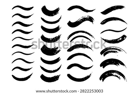 Brush stroke vector. Bundle of painted curves, isolated on white background. Grunge textured design elements. Brush arc borders