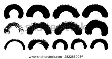 Brush stroke vector. Bundle of painted curves, isolated on white background. Grunge textured design elements. Brush arc borders