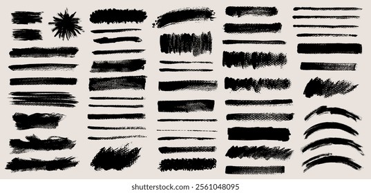 Brush stroke vector bundle. Thick and thin painted rectangles, curves, burst and brush lines, isolated on white background. Grunge textured design elements