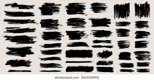 Brush stroke vector bundle. Thick and thin painted rectangles, brush lines and diagonal shapes, isolated on white background. Grunge textured design elements