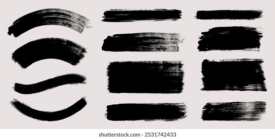 Brush stroke vector collection. Painted curves, rectangles and brush lines, isolated on white background. Grunge textured design elements