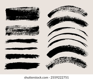 Brush stroke vector collection. Painted curves, rectangles and brush lines, isolated on white background. Grunge textured design elements