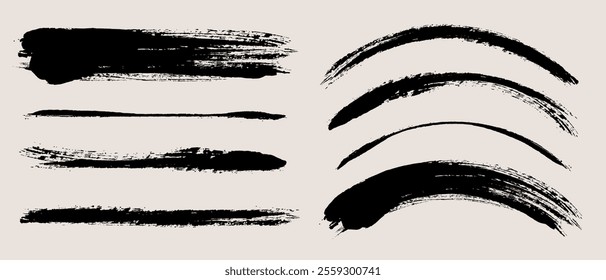 Brush stroke vector collection. Thick and thin painted curves, rectangles and brush lines, isolated on white background. Grunge textured design elements