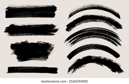 Brush stroke vector collection. Thick and thin painted curves, rectangles and brush lines, isolated on white background. Grunge textured design elements
