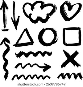 Brush stroke vector elements. Brush stroke heart, circle, square, triangle, arrows, lines. Scribble brush strokes vector elements. Hand drawngrunge style rough shapes